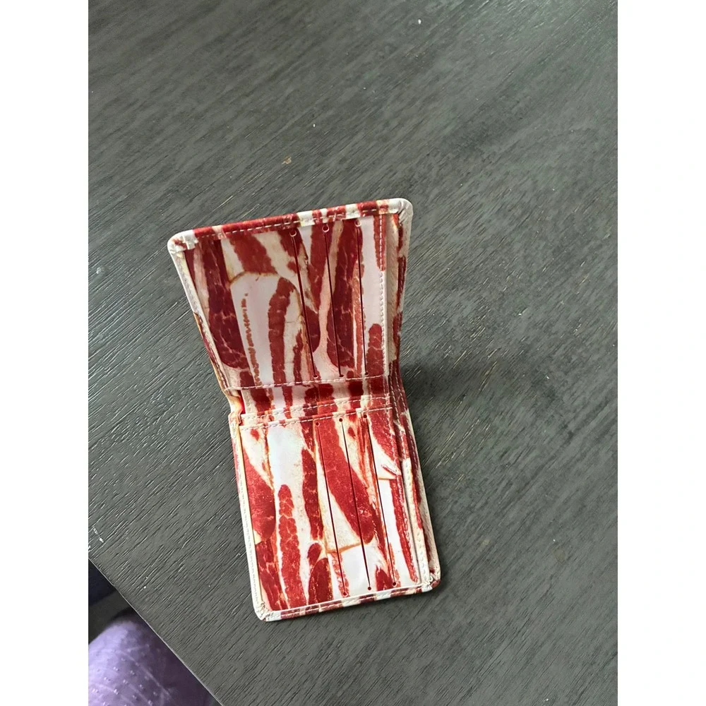Bacon Print Novelty Bifold Wallet Mens Realistic Food Pattern Red White Slim